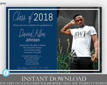 Navy Blue Silver Graduation Invitation Template, Graduation, Instant Download, Rustic Editable, Class of, Senior, High school, College,DIY