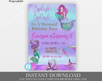 May include: Purple and blue mermaid birthday party invitation with a mermaid illustration, text that says "Splish Splash It's a Mermaid Birthday Bash Emerson is turning 2!" and details for the party.