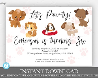 Let's Paw-ty Dog Puppy Birthday Invitation, Girl Dog Birthday Invitation, Boy Dog Birthday Invitation, Editable Printable Birthday Template