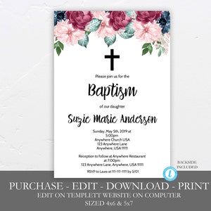 Burgundy Merlot Navy Blue Girl Baptism Invitation, Baptism Invitation, Baptism Template, Editable, Printable, Girl Baptism Invitation, DIY