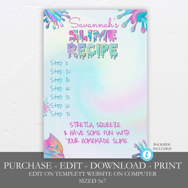 Slime Recipe Card Template, You Edit Yourself Slime Directions Template, Editable Printable Slime Card Slime, Slime  party favor thank you