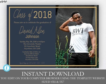 Navy Blue and Gold Graduation Invitation Template, Graduation, Instant Download, Rustic Editable, Class of, Senior, High school, College,DIY