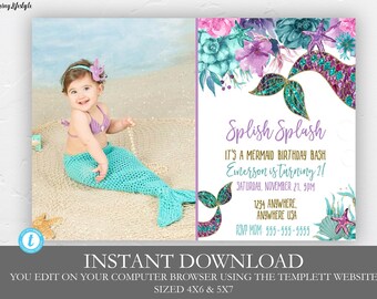 Zeemeermin verjaardagsuitnodiging, bewerkbare verjaardagsuitnodiging, Glitter, paars, Aqua, Teal, Mermaid uitnodigen, zeemeermin thema, Printable, DIY uitnodigen