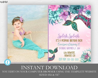 Zeemeermin verjaardagsuitnodiging bewerkbare verjaardagsuitnodiging, Glitter, roze, Aqua, Teal, Mermaid uitnodigen, zeemeermin thema, Printable, DIY uitnodigen