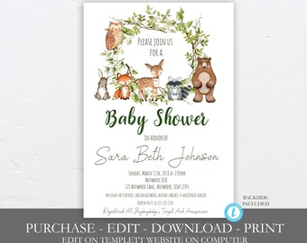 May include: A printable baby shower invitation with a woodland theme. The invitation features a wreath of green leaves with a brown bear, a raccoon, a deer, a fox, and an owl. The text on the invitation reads "Please join us for a Baby Shower in honor of Sara Beth Johnson".