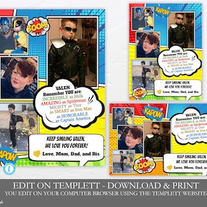 Peut inclure: Impression de style bande dessinée avec des photos d'un enfant en costumes de super-héros. Des bulles de texte disent "BOOM" et "KAPOW", avec des phrases comme "INCREDIBLE as Hulk" et "WE LOVE YOU FOREVER!"