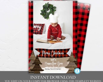 Photo Christmas Card Template, Plaid Christmas Card with Photo, Happy Holidays, Holiday Card, Merry Christmas, Printable Template, Red Plaid