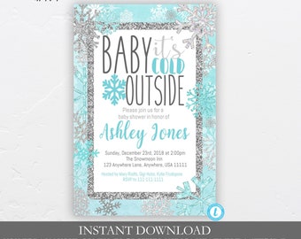 Op de afbeelding: Een blauwe en zilveren babyborrel uitnodiging met sneeuwvlokken en de tekst "Baby it's cold outside". De uitnodiging is voor Ashley Jones en is voor een babyborrel op 23 december 2018 om 14:00 uur in The Snowmoon Inn.