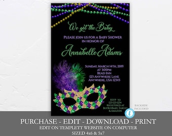 May include: A black and green baby shower invitation with gold glitter accents. The invitation features a masquerade mask, feathers, and beads. The text reads "We got the Baby" and includes the name "Annabelle Adams".