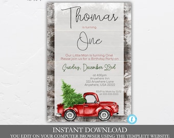 May include: A printable invitation for a first birthday party. The invitation features a red pickup truck with a Christmas tree in the bed, a woodgrain background, and the text "Thomas is turning One". The invitation also includes the date and time of the party, the location, and RSVP information.