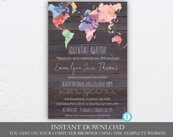 Adventure Awaits Graduation Invitation Template, Graduation, Instant Download, Edit, Rustic Editable, Class of, Senior, High school, College