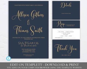 Navy Blue and Gold Wedding Invitation Set Template, Wedding Package, Gold, Modern Navy Blue and Gold Wedding, Editable Printable Minimalist