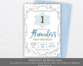 May include: A blue and silver snowflake-themed first birthday invitation for a boy named Alexander. The invitation features a large blue snowflake with a gold number 1 in the centre. The text "our little snowflake is turning" is at the top of the invitation, and the text "please join us for Alexander's First Birthday" is below the snowflake. The invitation also includes the date, time, and location of the party.