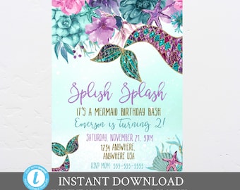 Enchanted garden mermaid invitation, Floral Under the sea invite, Mermaid , Glitter SParkle, Mermaid fairy invitation, Digital download