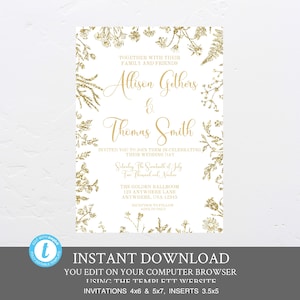 Weiß und Gold moderne Hochzeit Einladung Vorlage, Hochzeitspaket, Blumen, weiß und Gold Hochzeit, editierbare, Einladung Aussehen von Folie