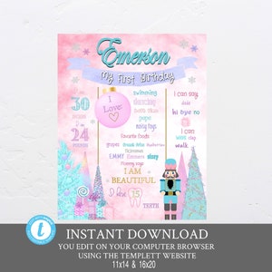 May include: A pink and blue printable first birthday sign for a girl named Emerson. The sign features a nutcracker, a Christmas tree, and a pink ornament with a heart. The sign includes details about the child's age, height, weight, and favorite things. The text on the sign reads "Emerson My First Birthday I Love: swimming dancing bath time papa noisy toys Favorite foods grapes cheese rice Huskies Nicknames Emmy Emmers sissy Mommy says I AM BEAUTIFUL I have 15 TEETH I can say dada hi bye no I can: WAVE clap walk"