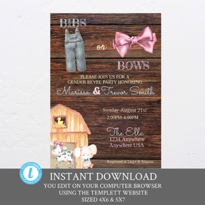 Granja Género revelar invitaciones, Rustic Barnyard Baby Shower Invitar, Bibs o arcos, rosa Baby Shower, invitaciones de cerdo de vaca, Descarga digital