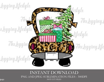 May include: A digital illustration of a leopard print truck carrying Christmas presents and a green Christmas tree. The truck has a red and white striped bumper and a gray license plate.
