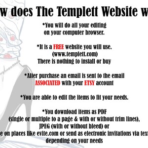 May include: A graphic illustration of a woman's leg wearing a high heel shoe. The text explains how the Templett website works. It is a free website that allows users to edit and download items as PDF, JPEG, or PNG files.