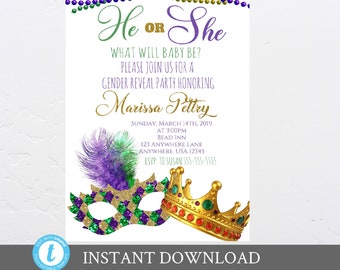 May include: A gender reveal party invitation with a gold crown and a masquerade mask with green, gold, and purple accents. The text on the invitation reads "He or She? What will baby be? Please join us for a gender reveal party honoring Marissa Pettry. Sunday, March 14th, 2019 at 3:00pm Bead Inn 123 Anywhere Lane Anywhere, USA 12345 RSVP: To Susan 555-555-5555".
