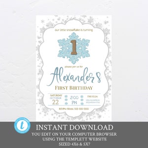 Snowflake Birthday Invitation, Blue, Silver, Our Little Snowflake is turning 1 One, Editable, Printable, Winter Onederland, Wonderland, Edit