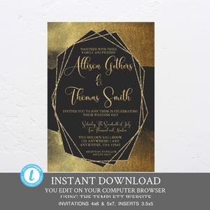 Black and Gold Modern Wedding Invitation Template, Wedding Package, Watercolor, Black and Gold Wedding, Editable, Invitation look of foil