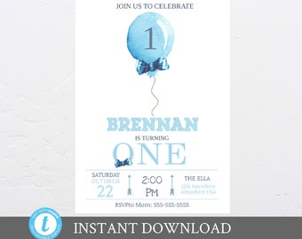 Balloon First Birthday Invitation.  Boy Birthday Invite, 1st Birthday Party, One Year,Party, Blue, Bow tie birthday Initations ANY AGE