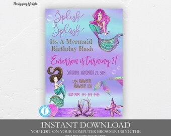 May include: A printable mermaid birthday party invitation with a purple, blue, and green gradient background. The invitation features the text "Splish Splash It's a Mermaid Birthday Bash Emerson is turning 21!" with a mermaid illustration. The invitation also includes the date, time, and location of the party.