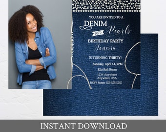 Denim and Pearls  Birthday Party Invitation, Elegant Women Invitation 30th 40th 50th 60th 70th 80th 90th, Blue Jeans Bling, Birthday invite