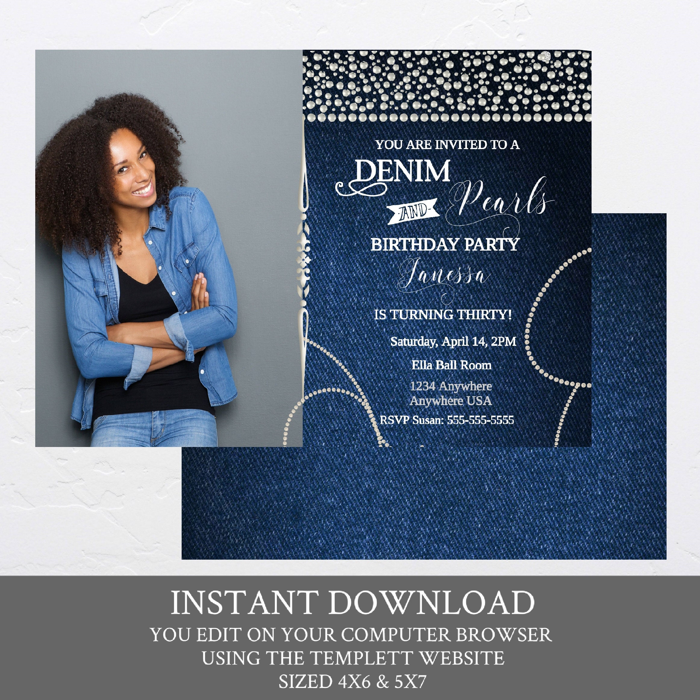 Denim and Pearls Birthday Party Invitation Elegant Women Etsy