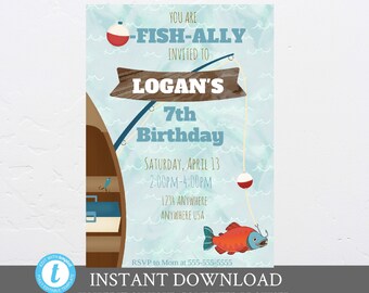May include: A blue and white printable birthday invitation with a fishing theme. The invitation says "You are Fish-ally Invited to Logan's 7th Birthday" and includes a fishing rod, a boat, and a fish. The invitation is for a party on Saturday, April 13th from 2:00 PM to 4:00 PM. The address is 1234 Anywhere, Anywhere USA. RSVP to Mom at 555-555-5555. The invitation says "Instant Download" and "You edit on your computer browser using the Templett website. Sized 4x6 & 5x7."