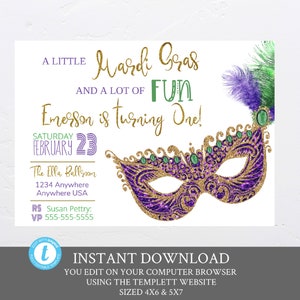 Mardi Gras first birthday Invitation, Editable, Printable, Glitter Mardi Gras Invite, King Cake, Beads, Glitter, Masquerade Mask, DIY