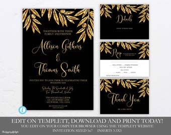 Black and Gold Wedding Invitation Set Template, Wedding Package, Gold, Leaves, Black and Gold Wedding, Editable, Printable, Glitter, Glam
