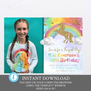 Photo Rainbow Unicorn Birthday Invitation, Rainbow Unicorn Party, Rainbow birthday Invite,  Unicorn Editable Invitation,Watercolor Printable