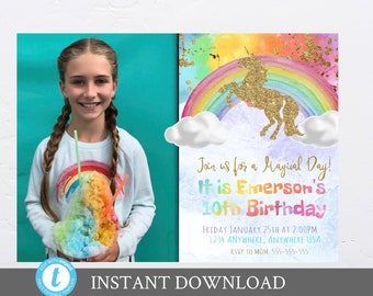 Photo Rainbow Unicorn Birthday Invitation, Rainbow Unicorn Party, Rainbow birthday Invite,  Unicorn Editable Invitation,Watercolor Printable