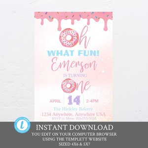 Donut First Birthday Invitation. Baby Girl Birthday Invite, 1st Birthday Party, One Year,Party,  Blush Pastel , Glitter,  ANY AGE