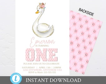 May include: A pink and white printable invitation featuring a gold glitter swan and the text "Emerson is turning ONE". The invitation also includes the text "Please join us to celebrate Saturday, April 13th | 2:00PM 1234 Anywhere, Anywhere USA RSVP to Mom: 555-555-555". The invitation has a pink and white polka dot background.