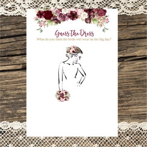 Guess the Dress game, Rustic Marsala guess the Bridal dress printable Bridal Shower game, floral Wedding shower brunette, brown hair Instant