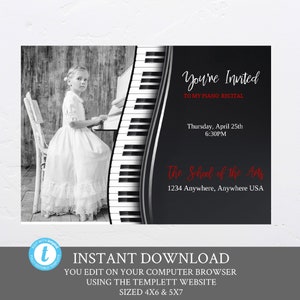 ピアノリサイタルの招待状、リサイタルの招待状、音楽高校のページェント、中学校、小学校、または幼稚園のブラウザを使用して編集します。インスタント