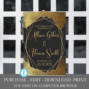 Modern  Black and Gold Wedding Welcome Sign, Printable, You Edit, Gold, Black, Elegant Black and Gold Wedding, Template, Glitter, Leaves