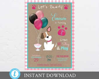 May include: A pink and blue paw-themed birthday invitation with a cartoon dog holding balloons. The invitation says "Let's Paw-ty" and "Emerson is turning 2". It also includes the date, time, and location of the party.