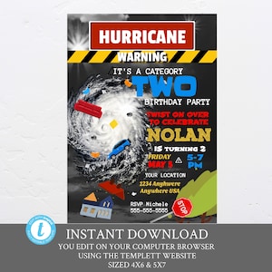 Hurricane Birthday Invitation, Category two  Hurricane Theme Invite party, Hurricane Birthday Invites, Tornado Party, DIgital editable