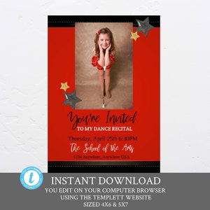 Puede incluir: Una invitación imprimible roja y negra con estrellas doradas y una foto de una niña con un vestido rojo. El texto dice "You're Invited to my Dance Recital. Thursday, April 25th 6:30PM The School of the Arts 1234 Anywhere, Anywhere USA".