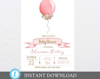 Balloon Baby Shower invitation.  Baby Girl SHower Invite,  Baby SHower, Going to Pop, Pastel Floral Watercolor Baby Girl,  Digital Download