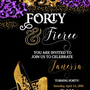 Forty and Fierce Birthday Party Invitation, Purple Leopard Print ...