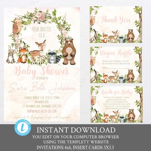 Woodland Baby Shower Invitation ensemble Kit, les filles Woodland Baby Shower modèle, invitation modifiable, cerf, verdure, couche, livres pour bébé