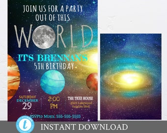 Galaxy Boys invitation, Outer space Birthday invite, Galaxy  Birthday Invitation, Moon and Stars  Invitation, Solar system, edit yourself
