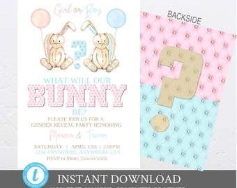 Bunny Gender Reveal Invitation. he or she, what will Baby be? Girl or Boy, Rabbit, Balloon Invite,  Easter, Baby shower template twins