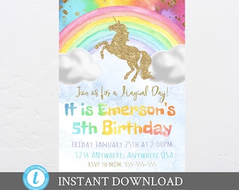 Rainbow Unicorn Birthday Invitation, Rainbow Unicorn Party,Rainbow birthday Party Invite,  Unicorn Editable Invitation,Watercolor Printable