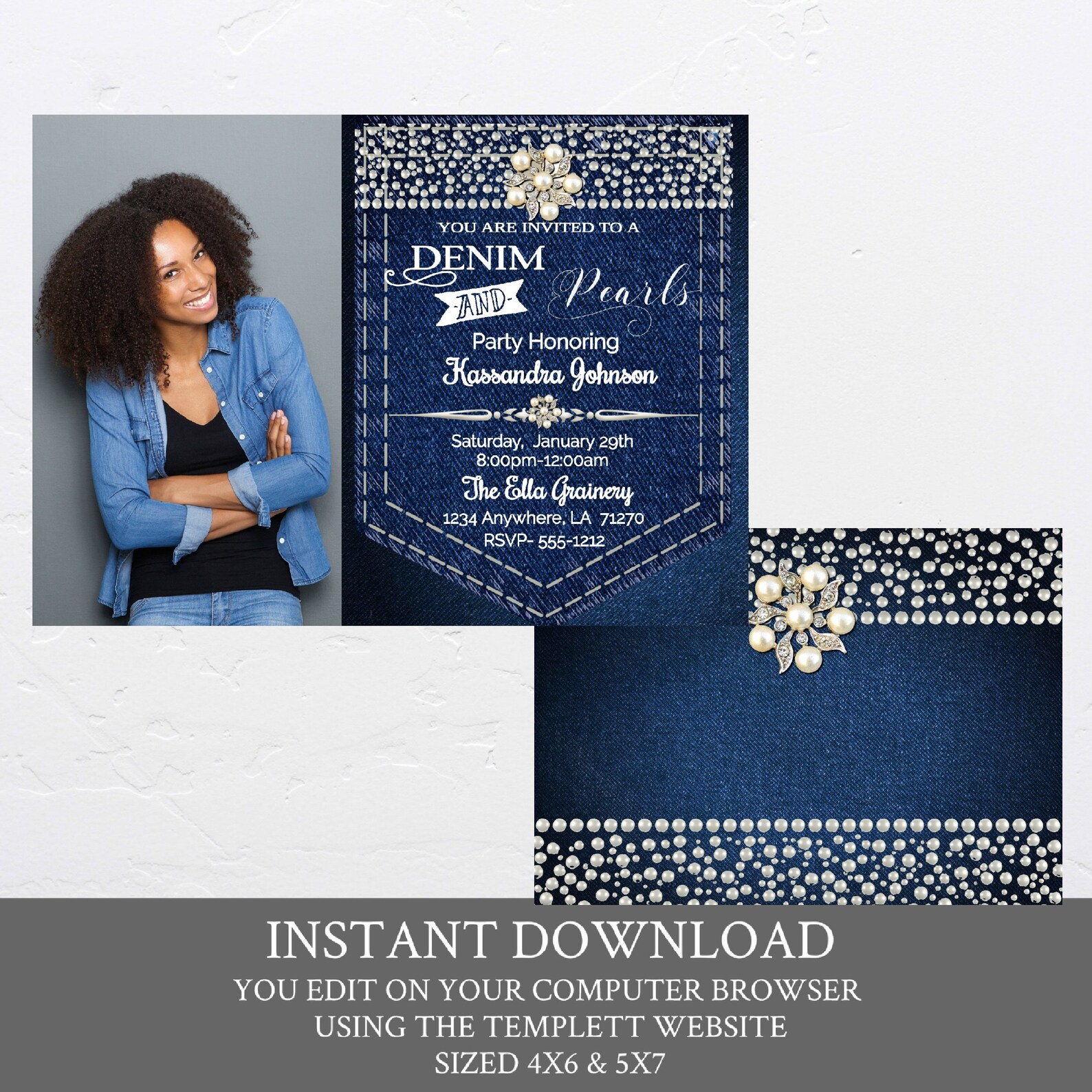 Denim and Pearls Birthday Party Invitation Elegant Women Etsy